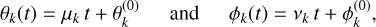 Mathematical equation: $\matrix{ {{\theta _k}\left( t \right) = {\mu _k}t + \theta _k^{\left( 0 \right)}} \hfill &amp; {{\rm{and}}} \hfill &amp; {{\phi _k}\left( t \right){v_k}t + \phi _k^{\left( 0 \right)}} \hfill \cr} ,$