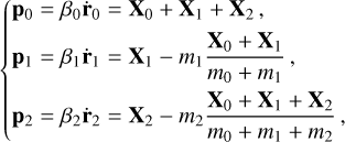Mathematical equation: $\left\{ {\matrix{ {{{\bf{p}}_0} = {\beta _0}{{{\bf{\dot r}}}_0}\,\, = {{\bf{X}}_0} + {{\bf{X}}_1} + {{\bf{X}}_2},} \hfill \cr {{{\bf{p}}_1} = {\beta _1}{{{\bf{\dot r}}}_1}\,\,\, = {{\bf{X}}_1} - {m_1}{{{{\bf{X}}_0} + {{\bf{X}}_1}} \over {{m_0} + {m_1}}},} \hfill \cr {{{\bf{p}}_2} = {\beta _2}{{{\bf{\dot r}}}_2}\,\, = {{\bf{X}}_2} - {m_2}{{{{\bf{X}}_0} + {{\bf{X}}_1} + {{\bf{X}}_2}} \over {{m_0} + {m_1} + {m_2}}},} \hfill \cr} } \right.$