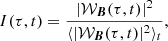 Mathematical equation: $$ \begin{aligned} I(\tau ,t) = \frac{|\mathcal W_{\boldsymbol{B}} (\tau ,t)|^2}{\langle |\mathcal W_{\boldsymbol{B}} (\tau ,t)|^2 \rangle _t}, \end{aligned} $$
