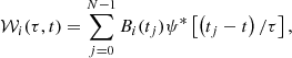 Mathematical equation: $$ \begin{aligned} \mathcal{W} _i(\tau ,t) = \sum _{j=0}^{N-1} B_i(t_j)\psi ^*\left[\left(t_j-t\right)/\tau \right], \end{aligned} $$