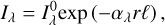 ${I_\lambda } = I_\lambda ^0\exp \left( { - {\alpha _\lambda }r\ell } \right),$