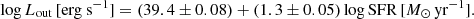 Mathematical equation: $$ \begin{aligned} \log L_{\rm out}\, \text{[erg} \text{ s}^{-1}] = (39.4\pm 0.08)+(1.3\pm 0.05) \log \mathrm{SFR}\, [{M}_{\odot }\, \mathrm{yr}^{-1}]. \end{aligned} $$