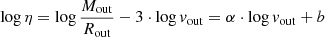 Mathematical equation: $$ \begin{aligned} \log \eta = \log \frac{{M}_{\rm out}}{R_{\rm out}}- 3\cdot \log {v}_{\rm out}= \alpha \cdot \log {v}_{\rm out} +b \end{aligned} $$