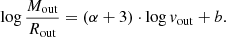 Mathematical equation: $$ \begin{aligned} \log \frac{{M}_{\rm out}}{R_{\rm out}}= (\alpha +3) \cdot \log {v}_{\rm out} +b. \end{aligned} $$
