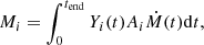 Mathematical equation: $$ \begin{aligned} M_i=\int _0^{t_\mathrm{end} }{ Y_i(t)A_i\dot{M}(t)\mathrm{d}t} ,\end{aligned} $$