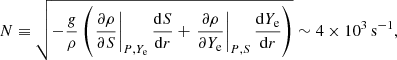 $$ \begin{aligned} N\equiv \sqrt{-\frac{ {g}}{\rho }\left(\left.\frac{\partial \rho }{\partial S}\right|_{P,Y_{\rm e}}\frac{\mathrm{d}S}{\mathrm{d}r}+\left.\frac{\partial \rho }{\partial Y_{\rm e}}\right|_{P,S}\frac{\mathrm{d}Y_{\rm e}}{\mathrm{d}r}\right)} \sim {4 \times 10^{3}}\,{\mathrm{s}^{-1}}, \end{aligned} $$