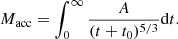 $$ \begin{aligned} M_{\rm acc}=\int ^{\infty }_0\frac{A}{(t+t_0)^{5/3}}\mathrm{d}t. \end{aligned} $$
