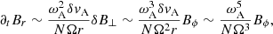 $$ \begin{aligned} \partial _tB_r\sim \frac{\omega _{\rm A}^2\delta {v}_{\rm A}}{N\Omega r}\delta B_{\perp }\sim \frac{\omega _{\rm A}^3\delta {v}_{\rm A}}{N\Omega ^2 r}B_{\phi }\sim \frac{\omega _{\rm A}^5}{N\Omega ^3}B_{\phi }, \end{aligned} $$