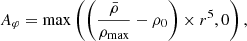 $$ \begin{aligned} A_{\varphi } = \max \left(\left({\bar{\rho } \over \rho _{\rm max}} - \rho _{0}\right) \times r^{5}, 0\right), \end{aligned} $$