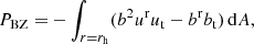 $$ \begin{aligned} P_{\rm BZ} = - \int _{r=r_{\rm h}} (b^{2}u^\mathrm{r}u_{\rm t} - b^\mathrm{r}b_{\rm t})\,\mathrm{d}A, \end{aligned} $$