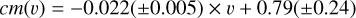 $cm\left( v \right) = - 0.021\left( { \pm 0.005} \right) \times v + 0.79\left( { \pm 0.24} \right)$
