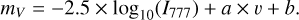 ${m_V} = - 2.5 \times {\log _{10}}\left( {{I_{777}}} \right) + a \times v + b.$
