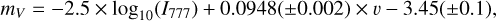 ${m_V} = - 2.5 \times {\log _{10}}\left( {{I_{777}}} \right) + 0.0948\left( { \pm 0.002} \right) \times v - 3.45\left( { \pm 0.1} \right),$