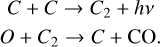 $\matrix{{C + C} \hfill & \to \hfill & {{C_2} + hv} \hfill \cr {O + {C_2}} \hfill & \to \hfill & {C + {\rm{CO}}.} \hfill \cr} $