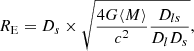 $$ \begin{aligned} R_{\rm E} = D_s \times \sqrt{\frac{4G\langle M\rangle }{c^2} \frac{D_{ls}}{D_{l}D_s}}, \end{aligned} $$