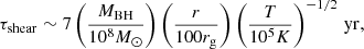 $$ \begin{aligned} \tau _{\rm shear} \sim 7 \left( \frac{M_{\rm BH}}{10^8 M_{\odot }} \right) \left( \frac{r}{100 r_{\rm g}} \right) \left( \frac{T}{10^5 K } \right)^{-1/2}\,\mathrm{yr}, \end{aligned} $$