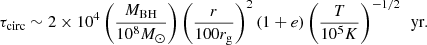 $$ \begin{aligned} \tau _{\rm circ} \sim 2\times 10^4 \left( \frac{M_{\rm BH}}{10^8 M_{\odot }} \right) \left( \frac{r}{100 r_{\rm g}} \right)^2 (1+e) \left( \frac{T}{10^5 K } \right)^{-1/2} \,\text{ yr}. \end{aligned} $$