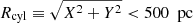 $ R_{\mathrm{cyl}} \equiv \sqrt{X^2+Y^2} < 500\ {\text{ pc}} $