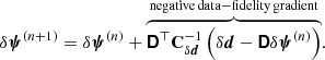 $$ \begin{aligned} \delta {\boldsymbol{\psi }}^{(n+1)} = \delta {\boldsymbol{\psi }}^{(n)} + \overbrace{{\boldsymbol{\mathsf{D}}}^{\top }\mathbf{C }_{\delta {\boldsymbol{d}}}^{-1} \left(\delta {\boldsymbol{d}} - {\boldsymbol{\mathsf{D}}}\delta {\boldsymbol{\psi }}^{(n)}\right)}^{\mathrm{negative\,data-fidelity\,gradient}}. \end{aligned} $$