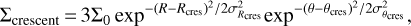 ${\sum _{{\rm{crescent}}}} = 3{\sum _0}{\exp ^{ - {{(R - {R_{{\rm{cres}}}})}^2}/2\sigma _{{R_{{\rm{cres}}}}}^2}}{\exp ^{ - {{(\theta - {\theta _{{\rm{cres}}}})}^2}/2\sigma _{{\theta _{{\rm{cres}}}}}^2}},$