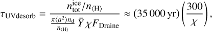 ${\tau _{{\rm{UV,desorb}}}} = {{n_{{\rm{tot}}}^{{\rm{ice}}}{\rm{/}}{n_{\left\langle {\rm{H}} \right\rangle }}} \over {{{\pi \left\langle {{a^2}} \right\rangle {n_{\rm{d}}}} \over {{n_{\left\langle {\rm{H}} \right\rangle }}}}\bar Y\chi {F_{{\rm{Draine}}}}}} \approx \left( {35000\,{\rm{yr}}} \right)\left( {{{300} \over \chi }} \right),$