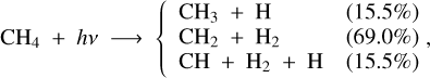 ${\rm{C}}{{\rm{H}}_4} + hv \to \left\{ {\matrix{{{\rm{C}}{{\rm{H}}_{\rm{3}}} + {\rm{H}}} \hfill & {\left( {15.5\% } \right)} \hfill \cr {{\rm{C}}{{\rm{H}}_{\rm{2}}} + {{\rm{H}}_2}} \hfill & {\left( {69.0\% } \right)} \hfill \cr {{\rm{CH}} + {{\rm{H}}_2} + {\rm{H}}} \hfill & {\left( {15.5\% } \right)} \hfill \cr} } \right.$