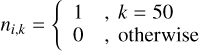 ${n_{i,k}} = \left\{ {\matrix{1 \hfill & {,k = 50} \hfill \cr 0 \hfill & {,{\rm{otherwise}}} \hfill \cr} } \right.$