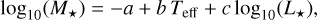 ${\log _{10}}\left( {{M_*}} \right) = - a + b{T_{{\rm{eff}}}} + c{\log _{10}}\left( {{L_*}} \right),$