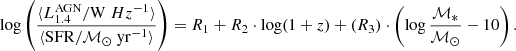 $$ \begin{aligned} \log \left(\frac{\langle L_{1.4}^{\mathrm{AGN} } / \mathrm W\ Hz^{-1} \rangle }{\langle \mathrm{SFR} / {\mathcal{M} _{\odot }}\ \mathrm{yr}^{-1} \rangle } \right) = R_1 + R_2 \cdot \log (1+z) + (R_3) \cdot \left(\log \frac{{\mathcal{M} _*}}{{\mathcal{M} _{\odot }}} - 10 \right). \end{aligned} $$