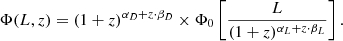 $$ \begin{aligned} \Phi (L,z) = (1+z)^{\alpha _D + z \cdot \beta _D} \times \Phi _{0} \left[\frac{L}{(1+z)^{\alpha _L + z\cdot \beta _L}}\right]. \end{aligned} $$