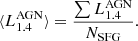 $$ \begin{aligned} \langle {L_{1.4}^{\mathrm{AGN} }}\rangle = \frac{\sum {L_{1.4}^{\mathrm{AGN} }}}{N_{\mathrm{SFG} }}. \end{aligned} $$