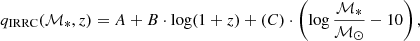 $$ \begin{aligned} q_{\rm IRRC} ({\mathcal{M} _{*}},z) = A + B \cdot \log (1+z) + (C) \cdot \left(\log \frac{{\mathcal{M} _*}}{{\mathcal{M} _{\odot }}} - 10 \right), \end{aligned} $$