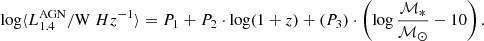 $$ \begin{aligned} \log \langle L_{1.4}^{\mathrm{AGN} } / \mathrm W\ Hz^{-1} \rangle = P_1 + P_2 \cdot \log (1+z) + (P_3) \cdot \left(\log \frac{{\mathcal{M} _*}}{{\mathcal{M} _{\odot }}} - 10 \right). \end{aligned} $$