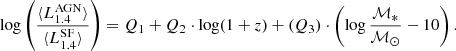 $$ \begin{aligned} \log \left(\frac{\langle L_{1.4}^{\mathrm{AGN} } \rangle }{\langle L_{1.4}^{\mathrm{SF} } \rangle } \right) = Q_1 + Q_2 \cdot \log (1+z) + (Q_3) \cdot \left(\log \frac{{\mathcal{M} _*}}{{\mathcal{M} _{\odot }}} - 10 \right). \end{aligned} $$