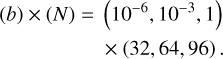 $\matrix{ {\left( b \right) \times \left( N \right)} \hfill &amp; = \hfill &amp; {\left( {{{10}^{ - 6}},{{10}^{ - 3}},1} \right)} \hfill \cr {} \hfill &amp; {} \hfill &amp; { \times \left( {32,64,96} \right).} \hfill \cr} $