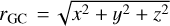 Mathematical equation: ${r_{{\rm{GC}}}} = \sqrt {{x^2} + {y^2} + {z^2}} $