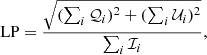$$ \begin{aligned}&\text{LP} = \frac{\sqrt{(\sum _i \mathcal{Q} _i)^2+(\sum _i \mathcal{U} _i)^2}}{\sum _i \mathcal{I} _i}, \end{aligned} $$