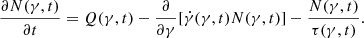 $$ \begin{aligned} \frac{\partial N(\gamma , t)}{\partial t} = Q(\gamma , t) - \frac{\partial }{\partial \gamma } [\dot{\gamma }(\gamma , t) N(\gamma , t)] - \frac{N(\gamma , t)}{\tau (\gamma , t)} .\end{aligned} $$