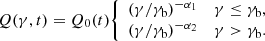 $$ \begin{aligned} \begin{aligned} Q(\gamma , t) = Q_0(t) {\left\{ \begin{array}{ll} (\gamma /\gamma _{\rm b})^{-\alpha _1}&\gamma \le \gamma _{\rm b},\\ (\gamma /\gamma _{\rm b})^{-\alpha _2}&\gamma > \gamma _{\rm b}.\\ \end{array}\right.} \end{aligned} \end{aligned} $$