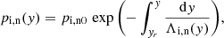 Mathematical equation: $$ \begin{aligned}&p_{\rm i,n}({ y}) = p_{\rm i,n0} \, \exp {\left(-\int ^{ y}_{{ y}_r} \frac{\mathrm{d}{ y}}{\Lambda _{\rm i,n}({ y})} \right)}, \end{aligned} $$