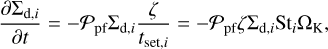 ${{\partial {{\rm{\Sigma }}_{{\rm{d}},i}}} \over {\partial t}} = - {P_{{\rm{pf}}}}{{\rm{\Sigma }}_{{\rm{d}},i}}{\zeta \over {{t_{{\rm{set}},i}}}} = - {P_{{\rm{pf}}}}\zeta {{\rm{\Sigma }}_{{\rm{d}},i}}{\rm{S}}{{\rm{t}}_i}{{\rm{\Omega }}_{\rm{K}}},$