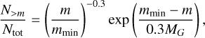 ${{{N_{ > m}}} \over {{N_{{\rm{tot}}}}}} = {\left( {{m \over {{m_{\min }}}}} \right)^{ - 0.3}}\exp \left( {{{{m_{\min }} - m} \over {0.3{M_G}}}} \right),$