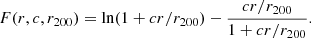 $$ \begin{aligned} F(r,c,r_{200}) = \ln (1 + {cr}/r_{200}) - \dfrac{{cr}/r_{200}}{1 + {cr}/r_{200}}. \end{aligned} $$