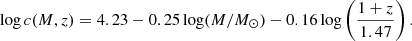 $$ \begin{aligned} \log c(M,z) = 4.23 - 0.25\log (M/M_\odot ) - 0.16\log \left(\dfrac{1+z}{1.47}\right). \end{aligned} $$