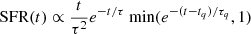 $$ \begin{aligned} \text{ SFR}(t)\propto \frac{t}{\tau ^2}e^{-t/\tau }\text{ min}(e^{-(t-t_q)/\tau _q},1) \end{aligned} $$