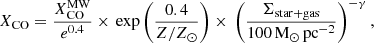 $$ \begin{aligned} X_{\rm CO} = \frac{X_{\rm CO}^\mathrm{MW}}{e^{0.4}} \times \, \mathrm{exp}\left(\frac{0.4}{Z/Z_{\odot }}\right) \times \, \left(\frac{\Sigma _{\mathrm{star+gas}}}{100\,\mathrm{M_{\odot }\,pc^{-2}}}\right)^{-\gamma }, \end{aligned} $$