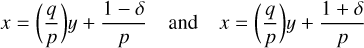 $\matrix{{x = \left( {{q \over p}} \right)y + {{1 + \delta } \over P}\,\,{\rm{and}}} &amp; {x = \left( {{q \over p}} \right)y + {{1 + \delta } \over P}} \cr } $