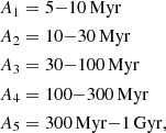 $$ \begin{aligned}&A_1 = 5{-}10 \, \mathrm{Myr} \\&A_2 = 10{-}30 \, \mathrm{Myr} \\&A_3 = 30{-}100 \, \mathrm{Myr} \\&A_4 = 100{-}300 \, \mathrm{Myr} \\&A_5 = 300 \, \mathrm{Myr} {-}1 \, \mathrm{Gyr} , \end{aligned} $$