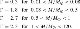 $$ \begin{aligned}&\Gamma = 0.3 \quad \mathrm{for} \,\,\ 0.01 < {M / M_{\odot }} < 0.08\nonumber \\&\Gamma = 1.8 \quad \mathrm{for} \,\,\ 0.08 < {M / M_{\odot }} < 0.5\nonumber \\&\Gamma = 2.7 \quad \mathrm{for} \,\,\ 0.5 < {M / M_{\odot }} < 1\nonumber \\&\Gamma =2.3 \quad \mathrm{for} \,\,\ 1 < {M / M_{\odot }} < 120. \nonumber \end{aligned} $$