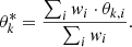 $$ \begin{aligned} \theta ^*_k=\frac{\sum _i { w}_i \cdot \theta _{k,i}}{\sum _i { w}_i}. \end{aligned} $$